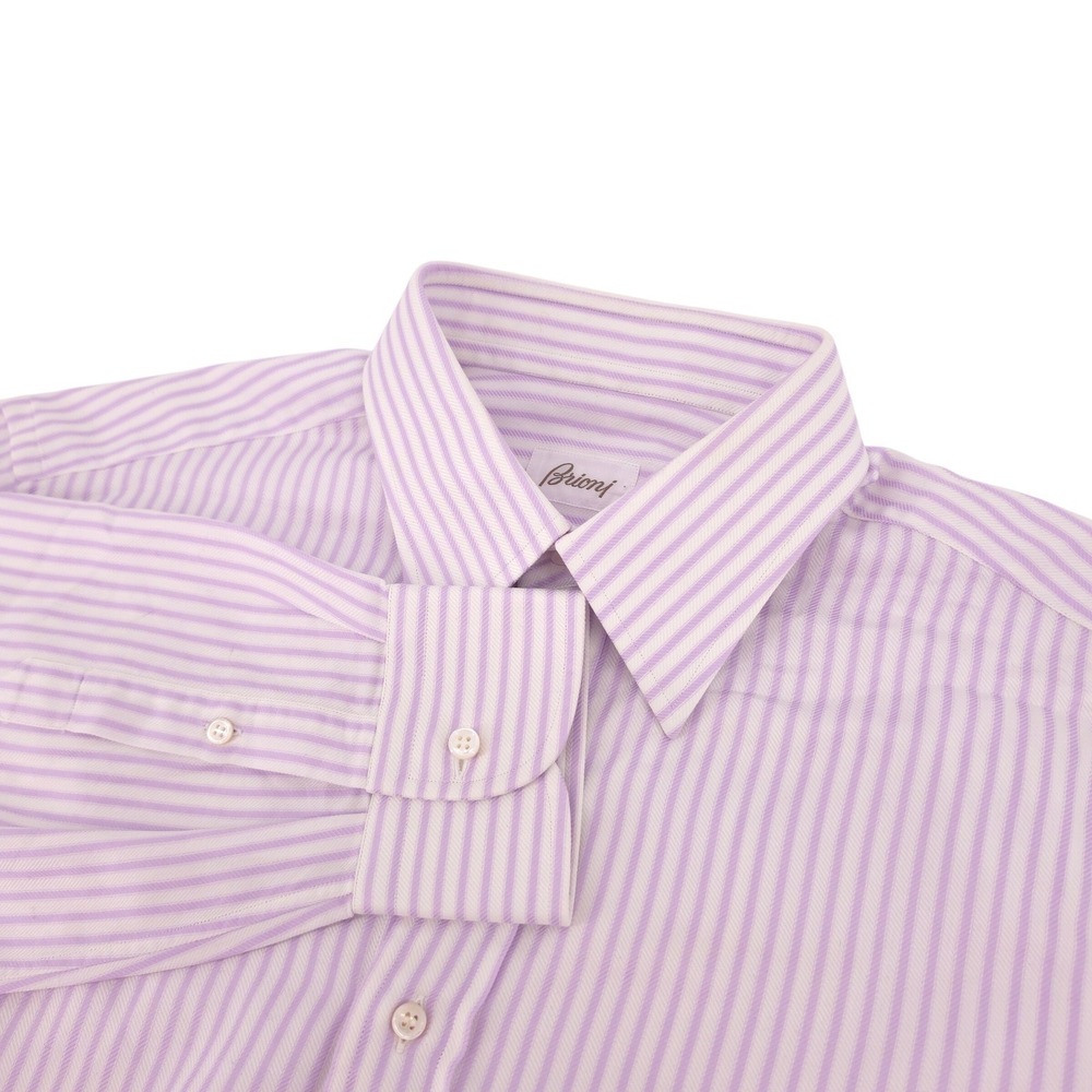 Brioni Mens Dress Shirt Cotton Striped Purple White 16.5 42 Made in Italy Luxury